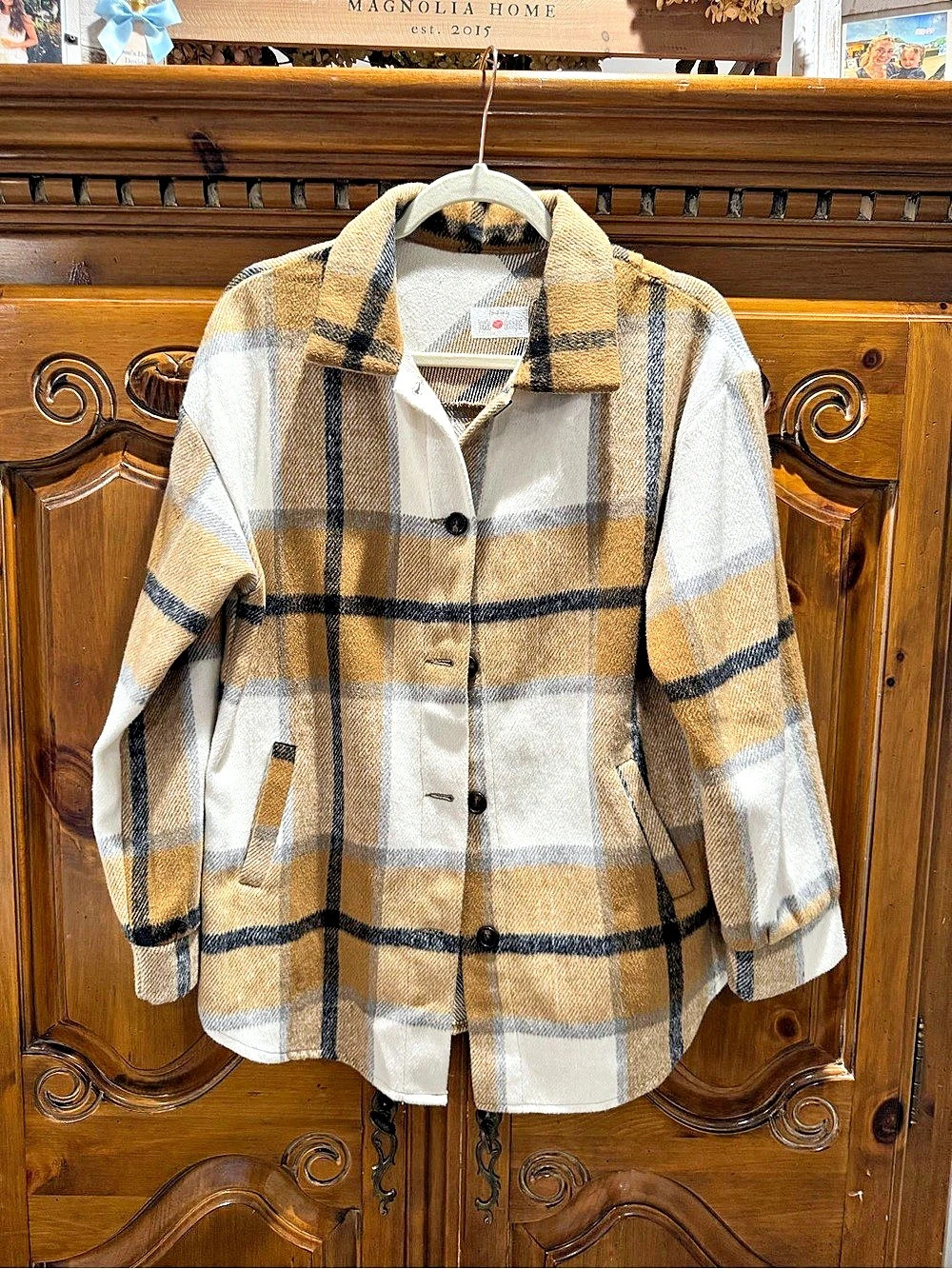 Plaid Shirt Jacket in Brown & White Like New